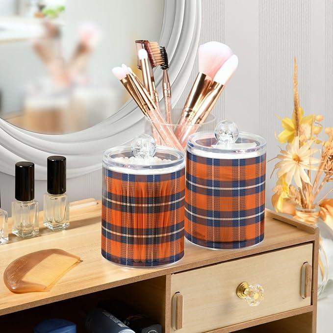Qtip Holder Bathroom Set Q tip Cotton Ball Swab Pad Dispenser Container Organizer Plastic Jars with Lids Storage 2Pack Retro Tartan Plaid Orange and Blue - ModernBath