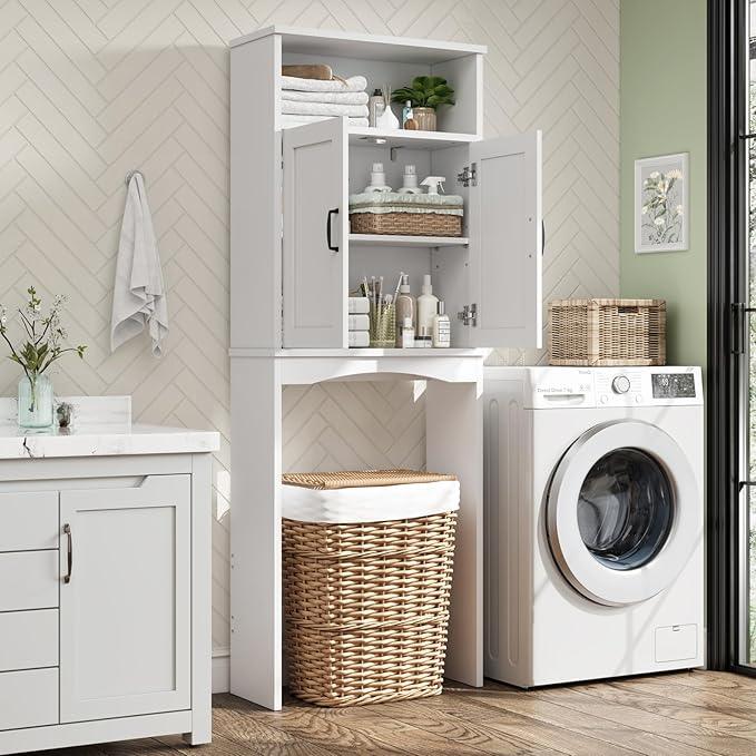 Over The Toilet Storage Cabinet, Over Toilet Bathroom Organizer with Adjustable Shelf and Double Doors, Space Saver Shelf Above Toilet Storage Cabinet (White) - ModernBath