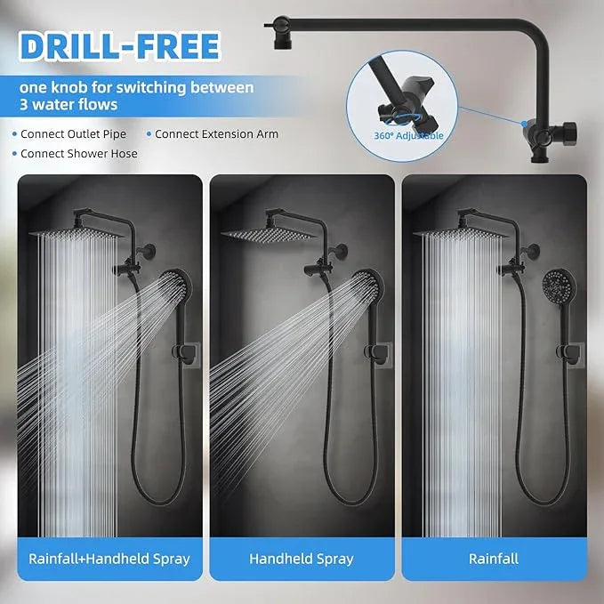 All Metal Shower Head, 8" High Pressure Rainfall/Handheld Shower Combo with 11" Extension Arm, 10-Spray Handheld Showerhead, 71" Long Hose, 3-Way Diverter Valve, Matte Black - ModernBath