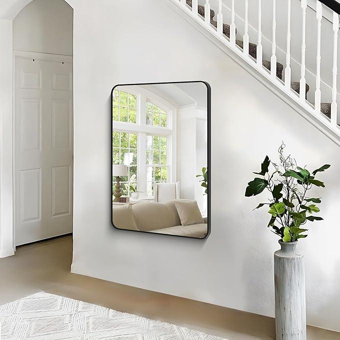 BONEWEI 30x40 inch Bathroom Mirror,Black Rectangle Mirror,Wall Mounted Bathroom Frame Vanity Mirror with Round Corner for Bedroom Living Room, Entryway Hangs Horizontal or Vertical - ModernBath