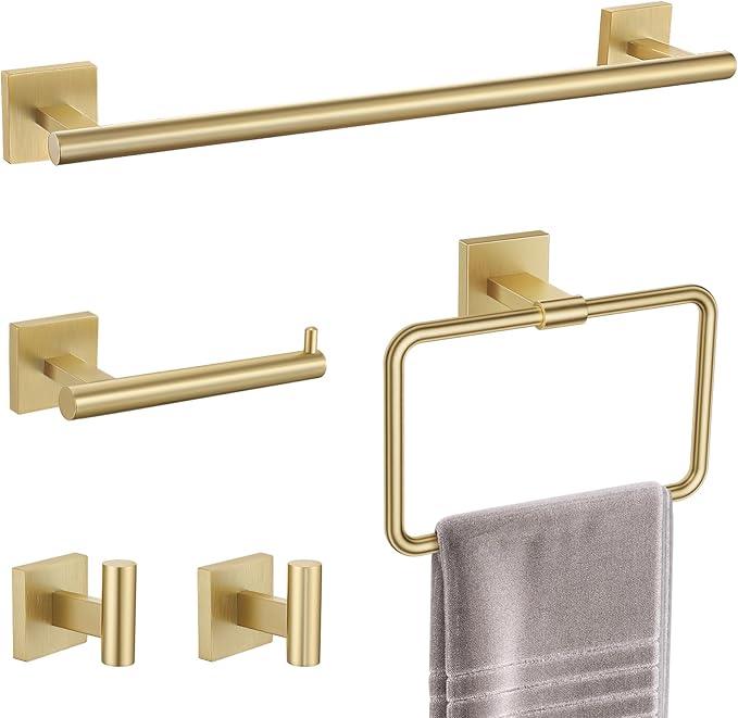 TNOMS Gold Towel Bar Set 5-Piece Brushed Gold Bathroom Hardware Accessories Set Include 23.6in Towel Bar Toilet Paper Holder Towel Ring Towel Hooks,Stainless Steel Towel Holder Set Wall-Mounted - ModernBath