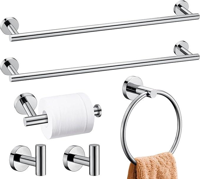 6 Pieces Polished Chrome Bathroom Hardware Accessories Set, SUS304 Stainless Steel 24 Inch Bath Towel Bar Set, Round Bathroom Towel Holder Set, Towel Racks for Bathroom Wall Mounted - ModernBath