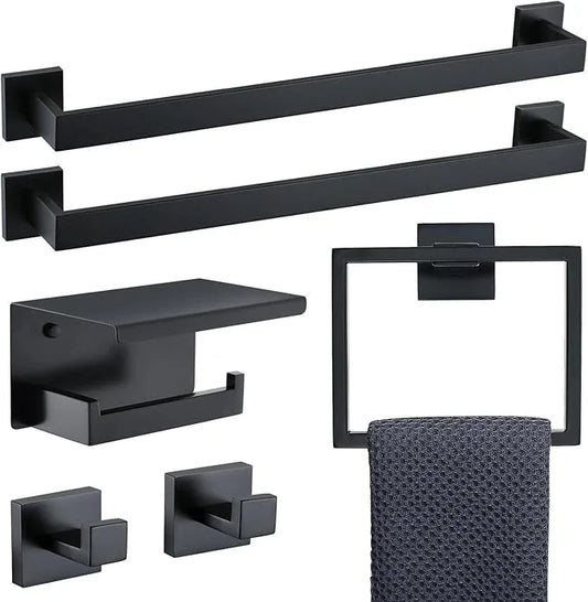 TNOMS 6-Piece Black Bathroom Hardware Set 23.6 Inch Towel Bar Set Double Towel Bar Towel Ring Coat Hook and Toilet Paper Holder with Shelf Wall Mounted Stainless Steel Bathroom Accessories Set - ModernBath