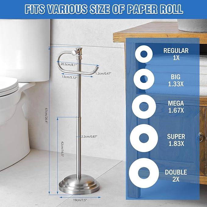RUMOSE Toilet Paper Holder Stand for Floor, Brushed Nickel Adjustable (12.4" to 22.8") Bathroom Toilet Tissue Holder, Free Standing Toilet Paper Roll Holder with Storage, Stainless Steel - ModernBath