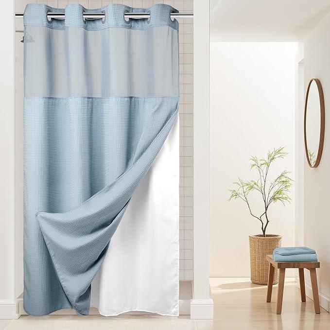 River Dream Heavyweight No Hooks Required Dotted Waffle Weave Shower Curtain with Snap in Liner -Stall 54W x 80H,Hotel Grade,Spa Like Bath Curtain,Blue - ModernBath
