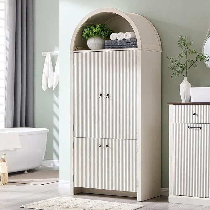 71" Tall Arched Bathroom Storage Cabinet, Modern Fluted Storage Cabinet w/Doors, 3 Adjustable Shelves, 6 Door Shelves, Wood Freestanding Cabinet for Bathroom, Entryway, Hallway, Antique White - ModernBath