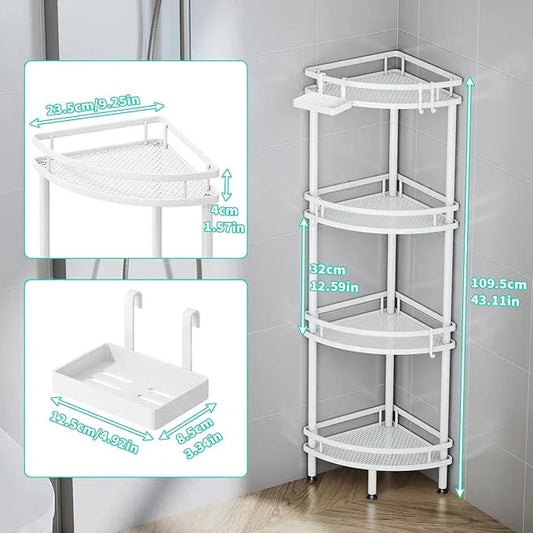 HapiRm Standing Corner Shower Caddy - 4 Tier Shower Organizer Corner with Soap Holder and 4 Hooks, Rustproof Bathroom Storage Shelves with Adhesives, White - ModernBath