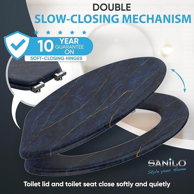 SANILO Wooden Toilet Seat with Soft Close [ELONGATED] - Decorative, Quiet & Slow Close Molded Wood Seat - With Strong Bumpers & Hinges - Adjustable Fit - Marble Dark Blue - ModernBath