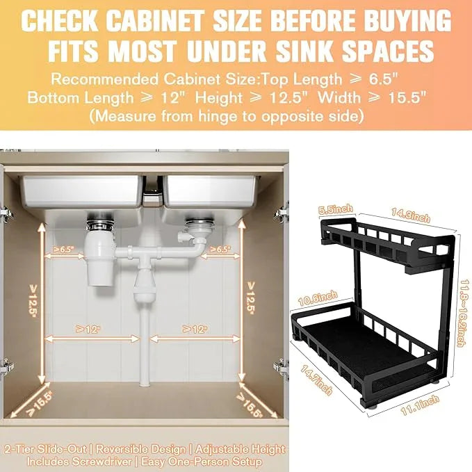 Under Sink Organizer 2 Pack, Metal Large Capacity 2-Tier Sliding Cabinet Storage Rack, Heavy-Duty Rust-Resistant Steel Frame, Holds 50 lbs Each, Adjustable Height 12–16", 14"D x 11"W for Home, Black - ModernBath