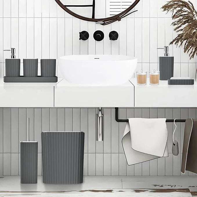 XLHOMO Bathroom Accessories Set - Gorgeous Grey Bathroom Set, 10PC Bathroom Accessory Set, Gray Bathroom Accessories Set, Trash Can, Qtip Holder Dispenser & Soap Dispenser - ModernBath
