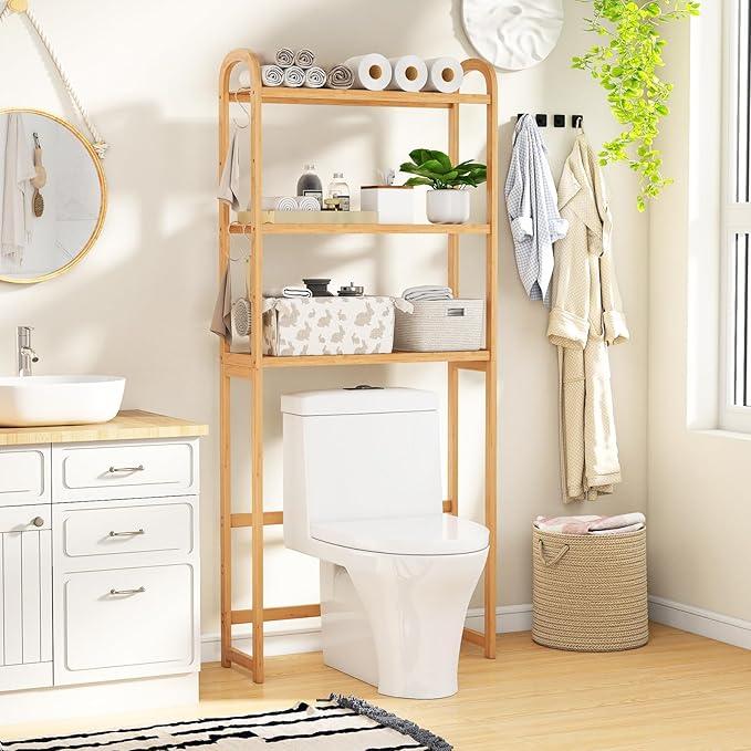 Tangkula Bamboo Over The Toilet Storage, 3-Tier Over Toilet Organizer Rack with 5-Position Adjustable Shelves, 3 Hooks, Adjustable Bottom Bar, Laundry Room Shelf, 28.5" Wide Bathroom Space Saver - ModernBath