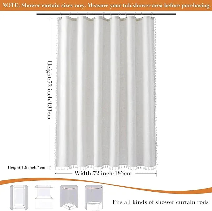 Nanspring Beige White Boho Linen Shower Curtain 72 Inch Long Fancy Hotel Style Textured Fabric Weighted Tassel Shower Curtain Set with Hooks Modern Bohemian Style Bath Decor for Bathroom 72x72 - ModernBath