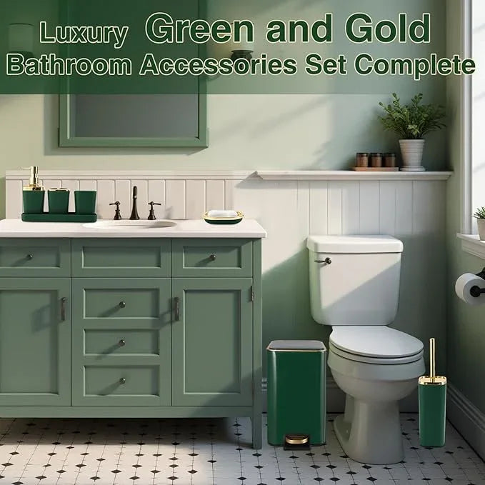 XLHOMO Bathroom Set Bathroom Accessories Set 8 Piece Green and Gold Bathroom Set, Bathroom Sets with Stainless Steel Trash Can,Toilet Brush,Toothbrush Set,Soap Dispenser - ModernBath