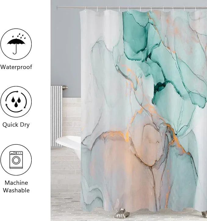 Gibelle 4 Pcs Bathroom Shower Curtain Set with Non-Slip Rugs, Toilet Lid Cover and Bath Mat, Grey Teal Marble Bathroom Decor Set with Shower Curtain and Rugs and Accessories - ModernBath