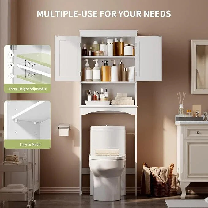 Gizoon Over The Toilet Storage Cabinet with Adjustable Shelf and Double Doors, Bathroom Space Saver Organizer Above Toilet with Open Shelf, Taller Wooden Free Standing Toilet Rack -White - ModernBath