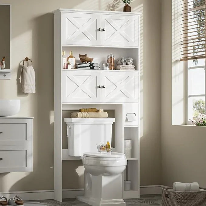 Over The Toilet Storage Cabinet, Farmhouse Storage Cabinet Over Toilet with 4 Barn Doors & Toilet Paper Holder Stand, White Toilet Shelf Home Space Saver for Restroom, Bathroom, Laundry - ModernBath