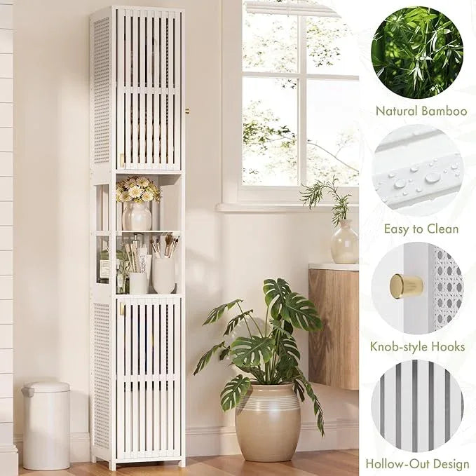 Amazer 70'' Tall Bathroom Storage Cabinet Bamboo, Slim Storage Cabinet with Rattan Door and Adjustable Shelves, Narrow Freestanding Organizer for Living Room Kitchen, White - ModernBath