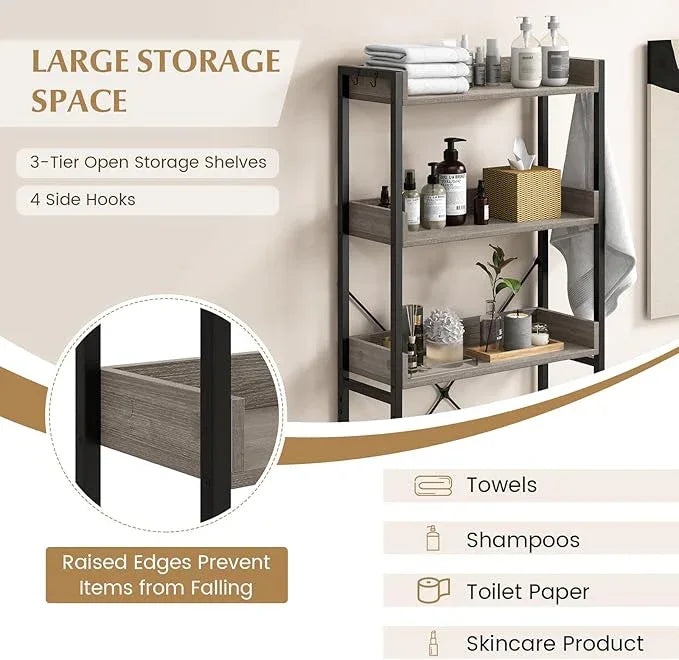 Tangkula Over The Toilet Storage, 3-Tier Toilet Rack Bathroom Space Saver with 4 Hooks & Adjustable Bottom Bar, Freestanding Bathroom Organizer Shelf Over Toilet for Restroom Balcony Laundry (Grey) - ModernBath