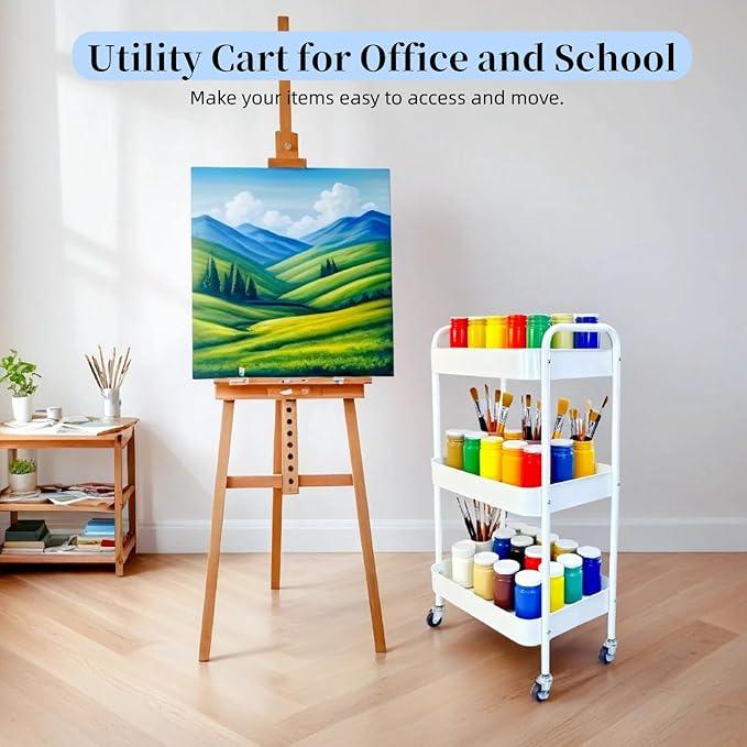 Metal 3 Tier Rolling Cart with Wheels for Kitchen Storage & Laundry Room Organization, Bedside Cart with Handle and 4 Hooks, Versatile Large Capacity Art & Craft Storage Organizer, White - ModernBath