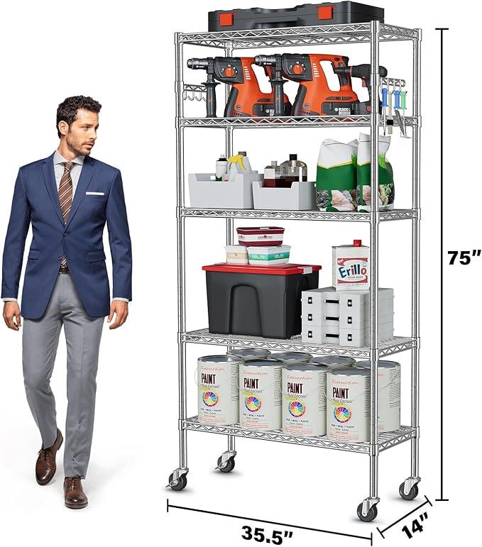YNN Storage Shelves,1750Lbs 5 Tier Heavy Duty Metal Rolling Shelving Unit with Wheels & 8 Hooks, Adjustable Garage Wire Rack for Kitchen, Bathroom,Industrial,Pantry(36" W x 14" D x 72" H, Chrome) - ModernBath