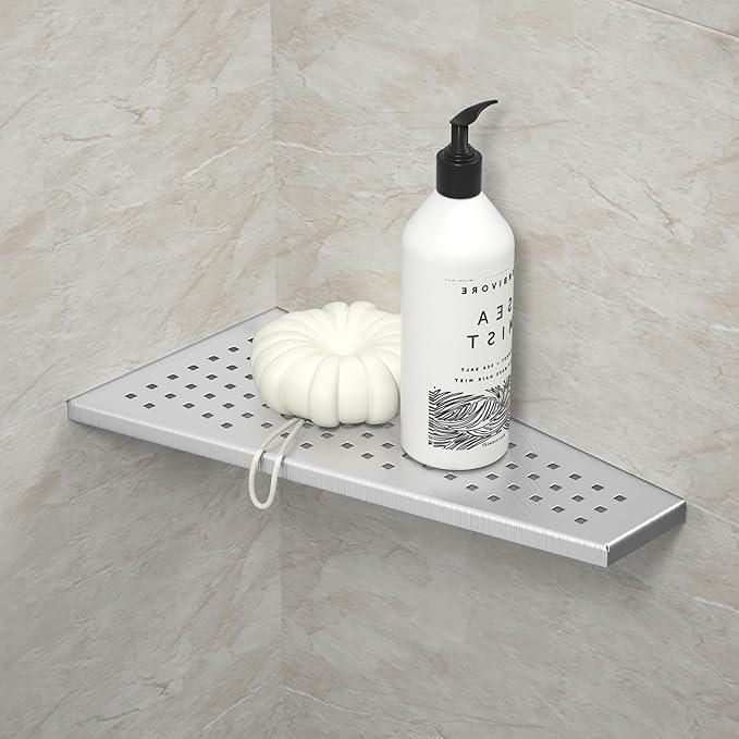 Corner Shower Shelf, Brushed 12" Trapezoid Floating Shelf, 304 Stainless Steel Grid Design Recessed Bathroom Shelf for Tiled Wall, No Drilling - ModernBath