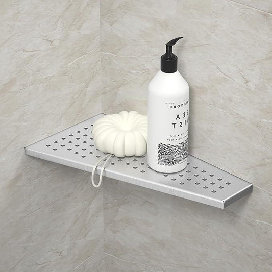 Corner Shower Shelf, Brushed 12" Trapezoid Floating Shelf, 304 Stainless Steel Grid Design Recessed Bathroom Shelf for Tiled Wall, No Drilling - ModernBath