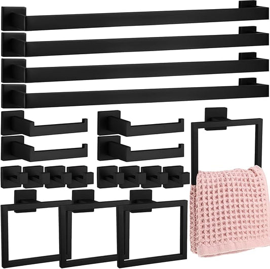Gisafai 20 Pcs Black Bathroom Hardware Accessories Set 23.6 Inch Bath Towel Bar Kit Stainless Steel Bathroom Hardware Set Towel Racks Ring Robe Hooks Paper Holder for Wall Mounted