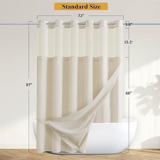 Jowels No Hooks Needed Linen Shower Curtain and Liner Set,Beige Hotel Luxury Decor Shower Curtains for Bathroom with See Through Top Window,Water Resistant Fabric,72Wx87L,Cream - ModernBath