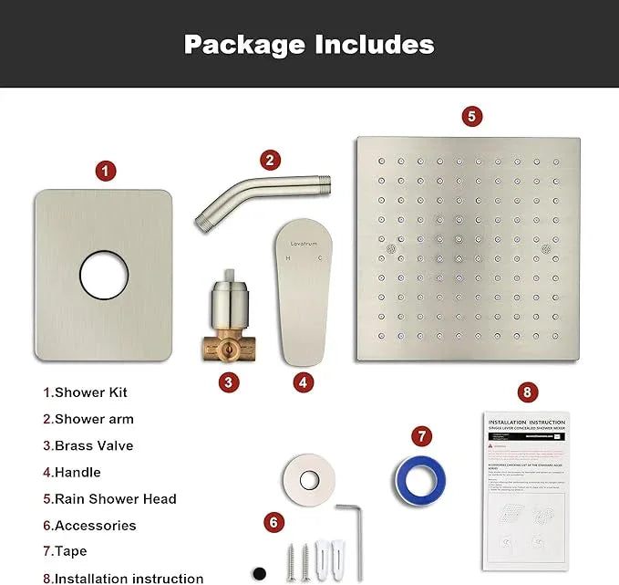 Lavatrum Brush Nickel Premium Shower Head With Valve Set Single Spray Wall Mount 8 Inch Rainfall Square Shower Faucet with Rough-in Valve and Trim Kit for Bathroom - ModernBath