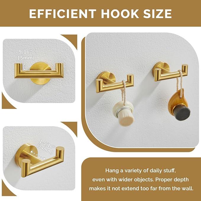 Angle Simple Towel Double Hook Brassy Gold 2 PCS, SUS304 Stainless Steel Bathroom Hand Towel Holder, Double Robe Hook, Wall Mount - ModernBath