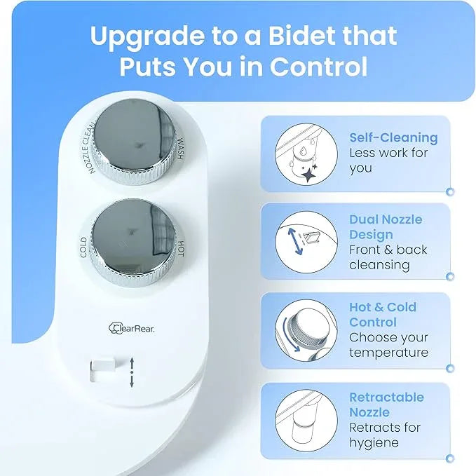 CLEAR REAR Bidet Attachment for Toilet Seat - Non-Electric, Self-Cleaning Dual Nozzle, Adjustable Water Pressure, Rear & Feminine Wash Hygienic Upgrades - Fits Elongated Toilets (Cold & Warm Water) - ModernBath