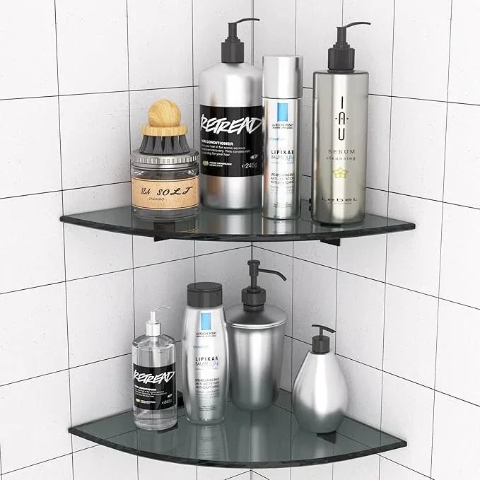 2-Pack Glass Shelf Shower Caddie, Shower Shelves for Inside Shower, Drilling Free Adhesive Wall Mounted Bathroom Organizer Shelves with Aluminium Brackets, Black - ModernBath