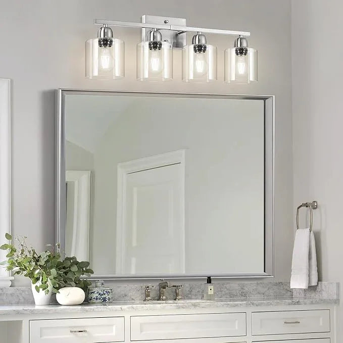 FAISHILAN Modern Brushed Nickel 4 Light Bathroom Light Fixtures, 24 inch Vanity Lights for Bathroom with Clear Glass, Vanity Lights for Mirror Kitchen Living Room Hallway Cabinet Porch - ModernBath