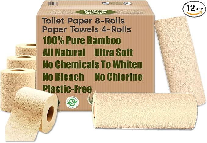 Purafide 100% Natural Bamboo Toilet Paper, Paper Towel Rolls, tree-free, unbleached, 3-Ply, 4 Paper Towel and 8 Large Toilet Paper Rolls (Home Pack Plus) - ModernBath