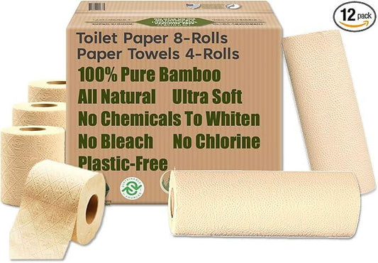 Purafide 100% Natural Bamboo Toilet Paper, Paper Towel Rolls, tree-free, unbleached, 3-Ply, 4 Paper Towel and 8 Large Toilet Paper Rolls (Home Pack Plus) - ModernBath