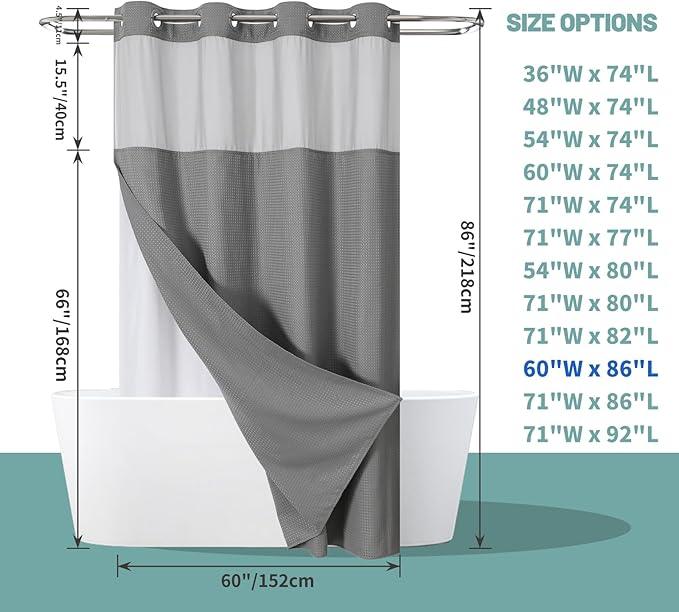 eachope Grey No Hook Waffle Weave Shower Curtain with snap-in Liner Replacement, 230GSM Waterproof Fabric Hotel Shower Curtain Set for Bathroom, Through Mesh Top Window,60Wx86H - ModernBath