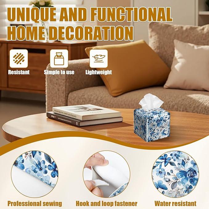 Blue Flower Tissue Box Cover 2PCS, Leather Tissue Box Holder Square Facial Paper Case Tissue Box Cube Organizer for Bathroom Bedroom Desk Office - ModernBath