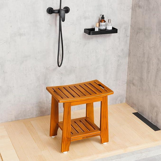 14" Compact Teak Shower Stool with Shelf & Handle - Waterproof, Non-Slip Bath Bench for Small Bathrooms/Outdoor Use, 300 lbs Capacity (Patented) - ModernBath
