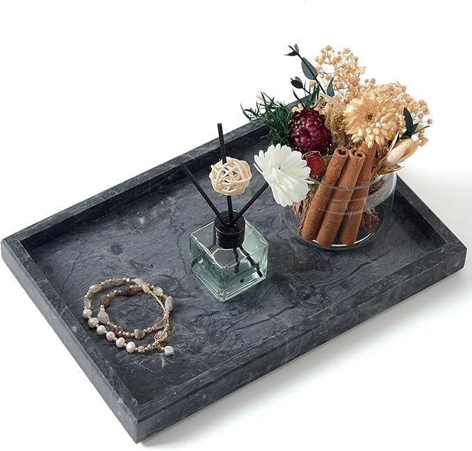 MULWR Marble Bathroom Tray,Pure Natural Vanity Tray,Marble Trays for Kitchen Counter Non-Ceramic/Non-Resin,Stone Tray 12 x 8 inch (Black) ﻿ - ModernBath