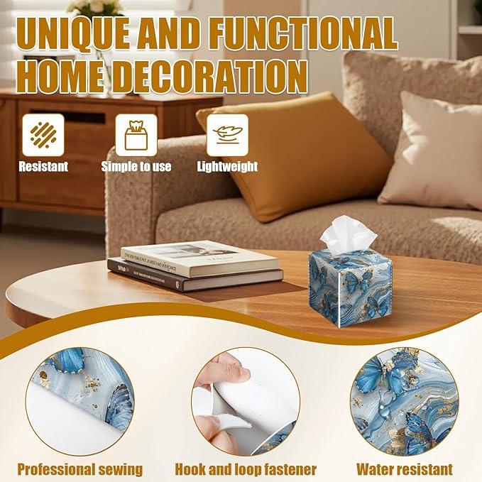 Blue Butterfly Tissue Box Cover 2PCS, Marble Leather Tissue Box Holder Square Facial Paper Case Tissue Box Cube Organizer for Bathroom Bedroom Desk Office - ModernBath