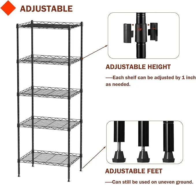 5 Tier Standing Metal Wire Shelving Unit, Adjustable Height, Storage Shelf Units for Laundry Bathroom Kitchen Pantry Closet (11.6" D x 16.6" W x 49" H inches, Black) - ModernBath