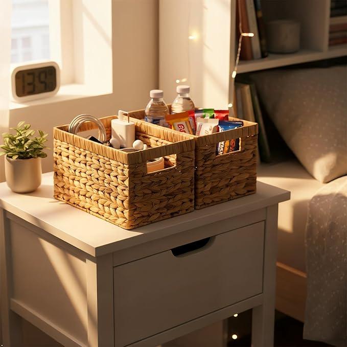 Water Hyacinth Storage Baskets Set of 2 - Medium Decorative Wicker Baskets for Organizing Shelves, Rectangular Woven Storage Bins with Handles for Pantry, Bathroom, Living Room 13"x9"x7" - ModernBath