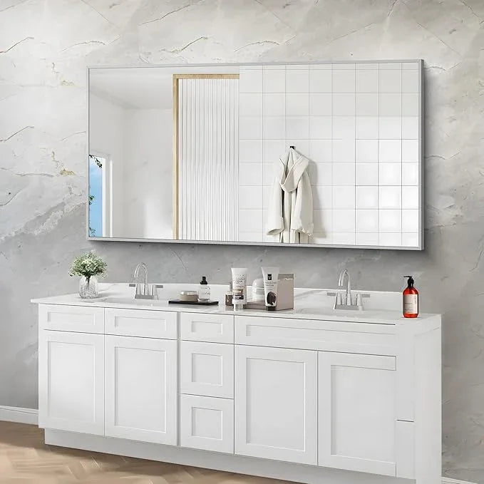 COFENY 30x55In Silver Bathroom Mirror for Wall, Brushed Nickel Rectangle Mirrors with Metal Frame, Bathroom Rectangular Mirror Modern Wall Mirror for Bedroom Living Room, Hangs Horizontal or Vertical - ModernBath