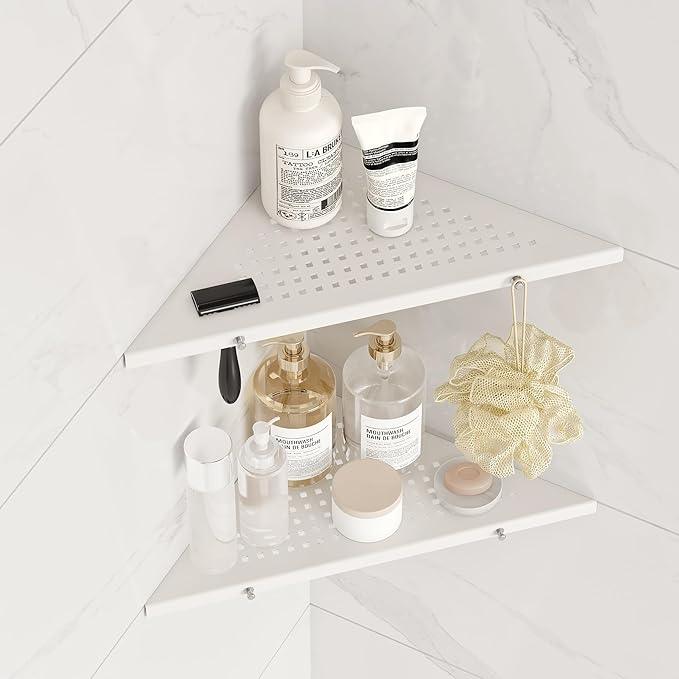 10" Bathroom Corner Shelf, 2 Pack Recessed Shower Shelf Caddy, SUS304 Stainless Steel Shelf Wall Mount Triangular, No Drilling Matte White - ModernBath