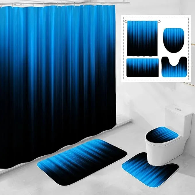 Litabel 4 Pcs Blue and Black Gradient Shower Curtain Set with Rugs and Toilet Lid Cover, Modern Simple Waterproof Fabric Bathroom Set, Ombre Stripe Gothic Abstract Bathroom Decor Set Accessories - ModernBath