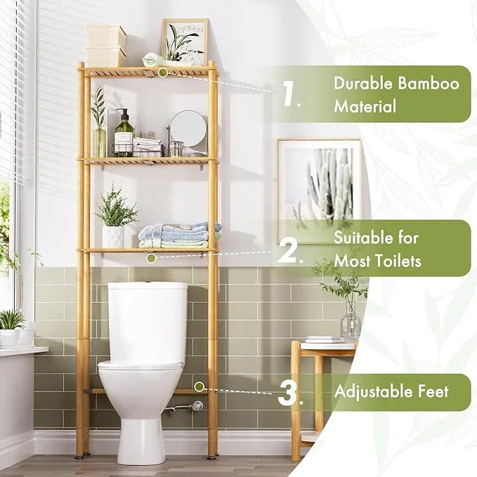 AmazerBath Over The Toilet Storage Shelf Bamboo, 3-Tier Over Toilet Organizer Rack, Freestanding Above Toilet Shelf for Bathroom, Laundry, Space Saver, Natural Color - ModernBath