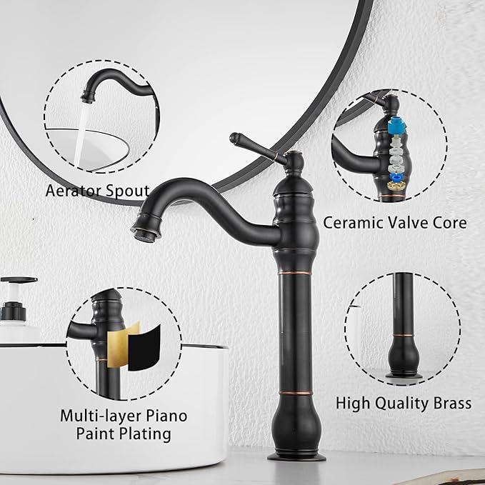 Black Bathroom Faucet GGStudy 360° Swivel Single-Handle One Hole Bathroom Vessel Sink Faucet Matching Pop Up Drain - ModernBath