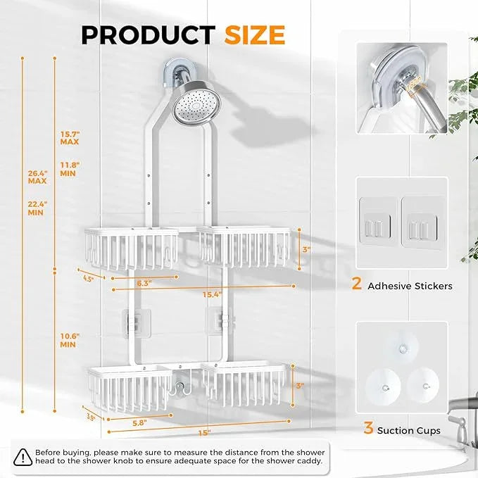 REINHARDT Aluminum Shower Caddy Hanging Adjustable Shower Caddy, Rustproof Hanging Shower Organizer with Hooks Soap Holders, Over Shower Head Caddy for Handheld Showerhead, White - ModernBath