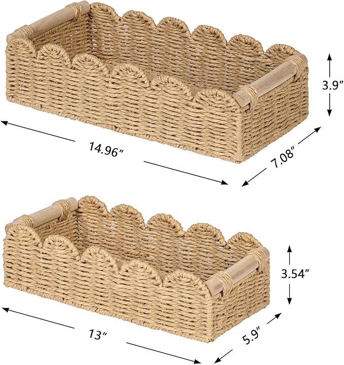 CubesLand Decorative Toilet Paper Storage Basket, Modern Farmhouse Home Decor Basket for Organizing, Scalloped Pantry Baskets for Shelves, Countertop, Living Room, w/Wood Handles, Beige 2 Sizes - ModernBath