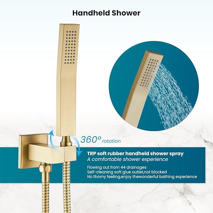 gotonovo Rainfall Bathroom Shower System Rain Shower Head and Handle Set Wall Mounted Shower Complete Combo Solid Brass Pressure Balancing Shower Mixer Valve 16 Inch Brushed Gold - ModernBath